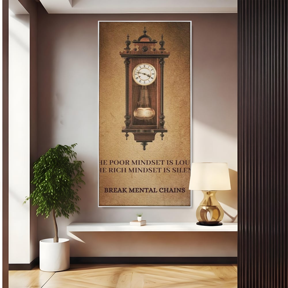 Tablou canvas cu tablou vertical cu ceas pendul vintage si mesaj motivational, in rama de aluminiu argintiu